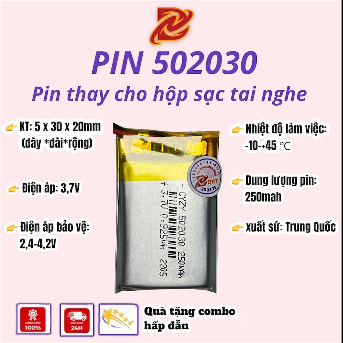 Pin Li Po 3 7V 502030 200 250mAh Lithium Polyme thay cho hộp tai nghe