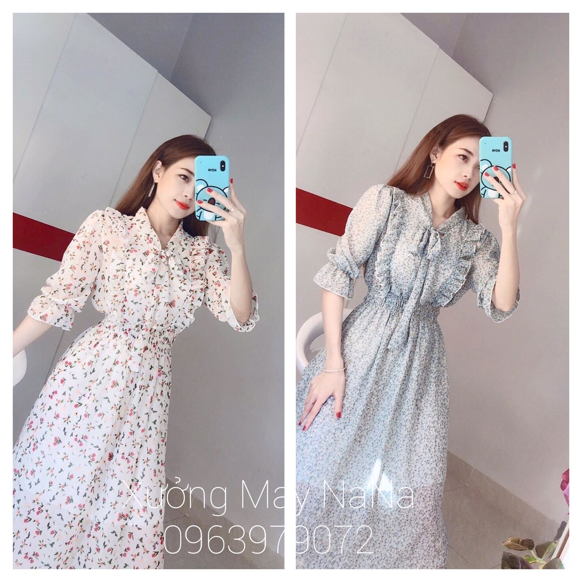 Đầm tiểu thư hoa nhí cột nơ tay phồng dễ thương (hình thật+video)