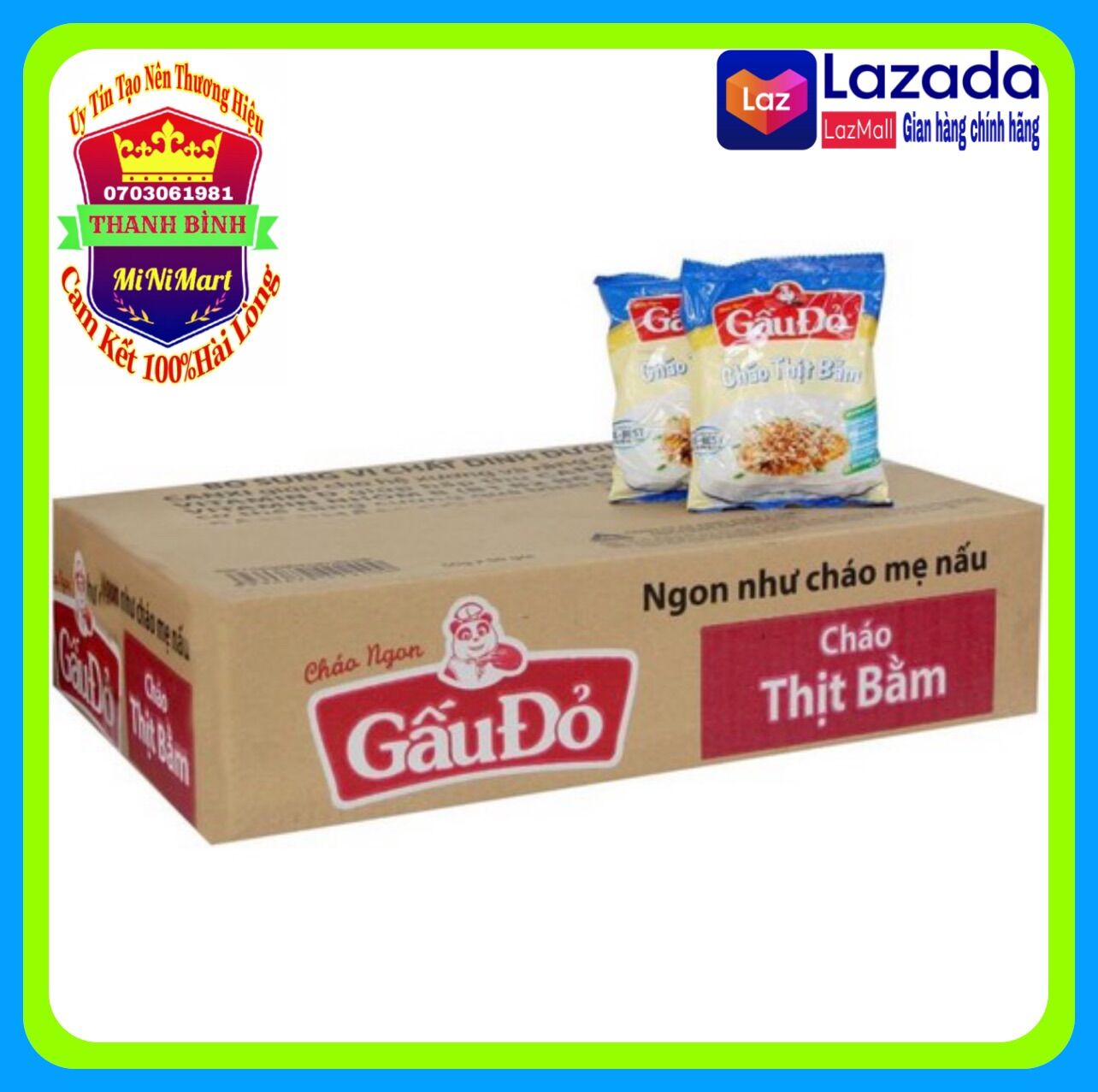 Thùng 50 gói cháo 2 vị  thịt bằm ,Gà Gấu Đỏ 50g