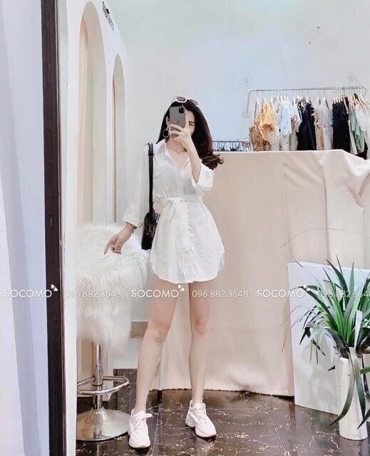 Set sơ mi dáng dài dây eo kèm quần L1