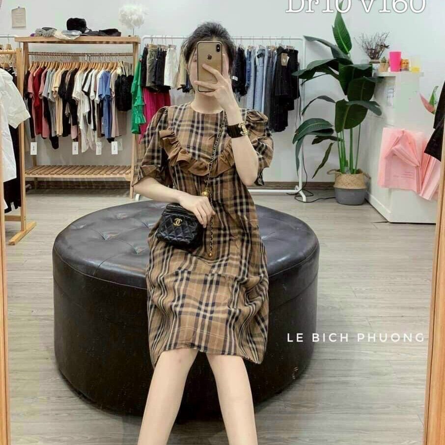 [HCM]Đầm suông sọc caro phối bèo nâu đơn giản dễ thương