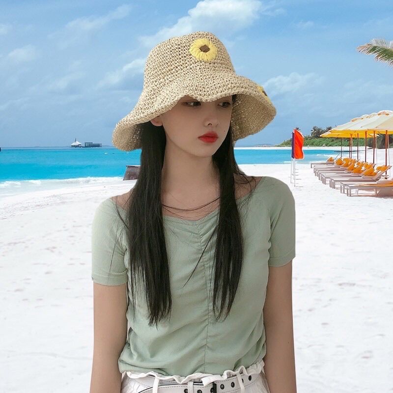 Mũ cói móc mềm thêu hoa cúc xinh xắn