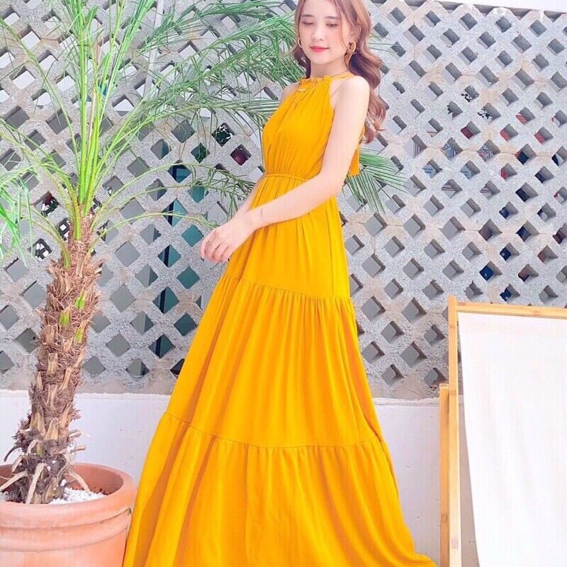 Đầm maxi cổ yếm tầng xoè nhiều màu, maxi đi biển