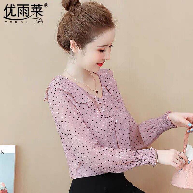 [HCM]Áo sơ mi công sở nữ chấm bi phối cổ bèo xinh xắn