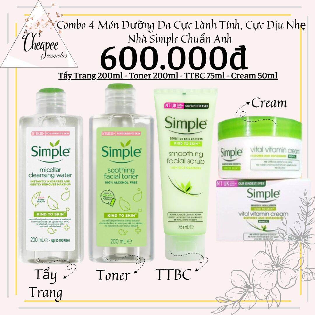 Combo 4 Món Dưỡng Da Nhà Simple Cực Lành Tính Dịu Nhẹ Kể Cả Da Nhạy Cảm Nhất