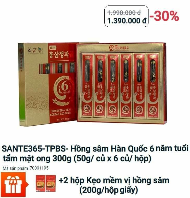Sante365 hồng sâm hàn quốc 6 năm tuổi tẩm mật ong sản xuất và nhập khẩu hàn quốc tặng ngay: 2 hộp kẹo mềm vị hồng sâm