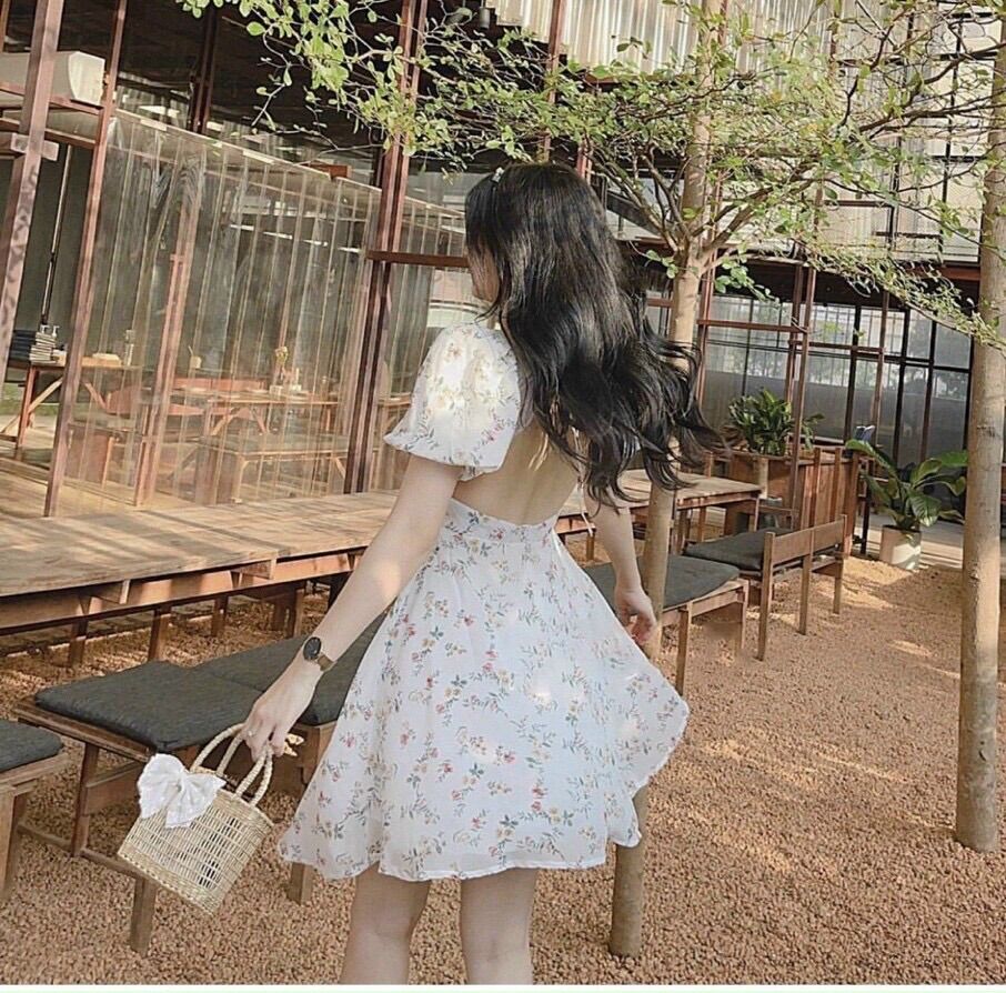Đầm hoa voan viền ren hở lưng