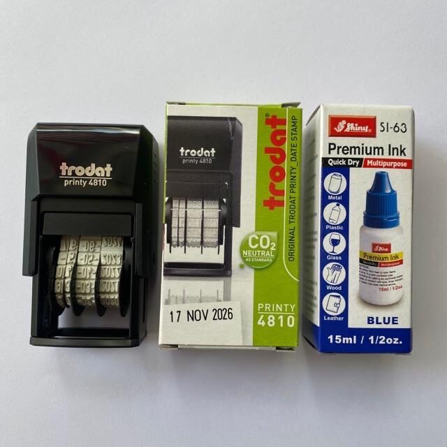 Combo dấu ngày tháng năm Trodat Printy-date 4810 và hộp mực chuyên dụng đóng được trên mọi chất liệu