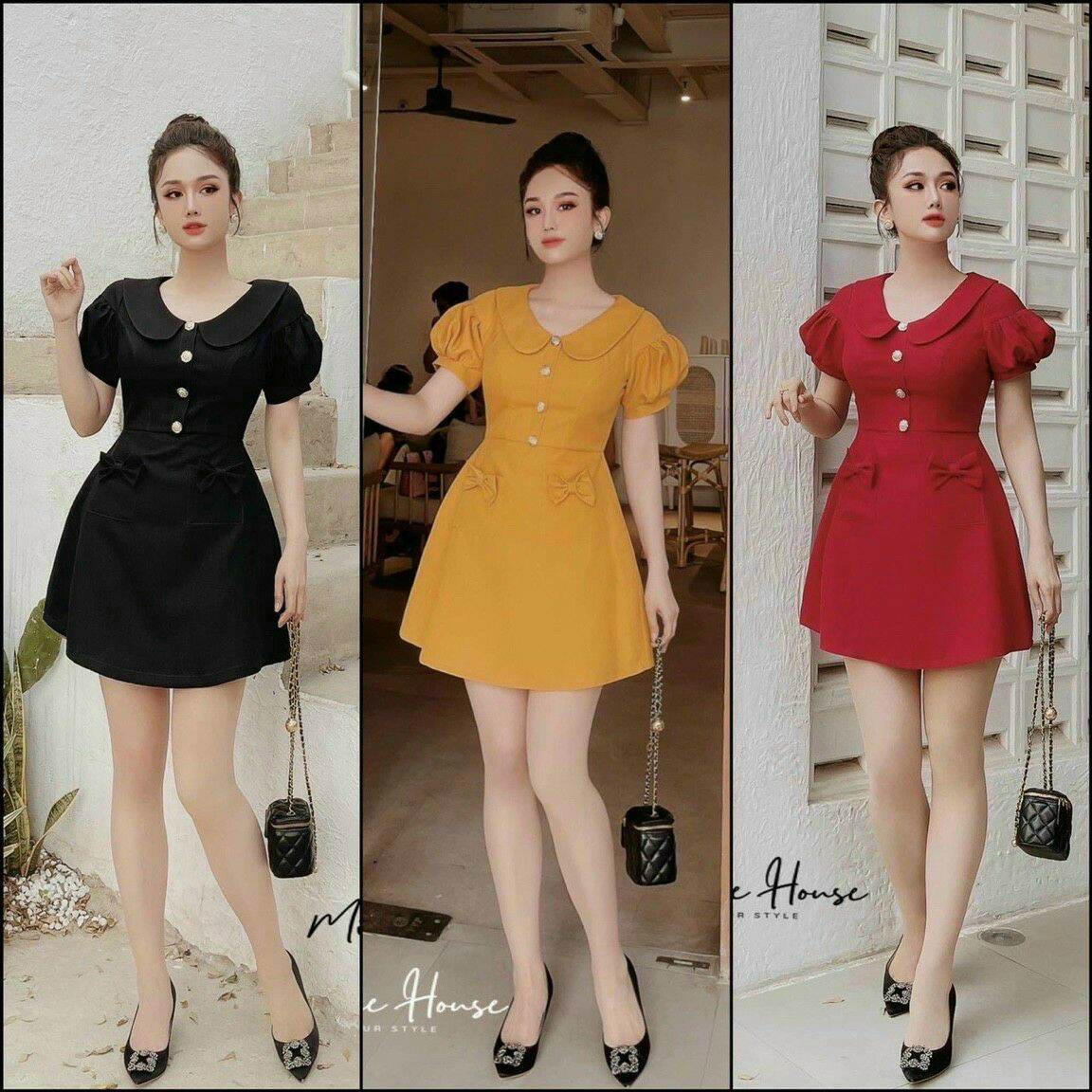 Đầm xòe tay phồng cổ bẻ đính nút và nơ nữ tính