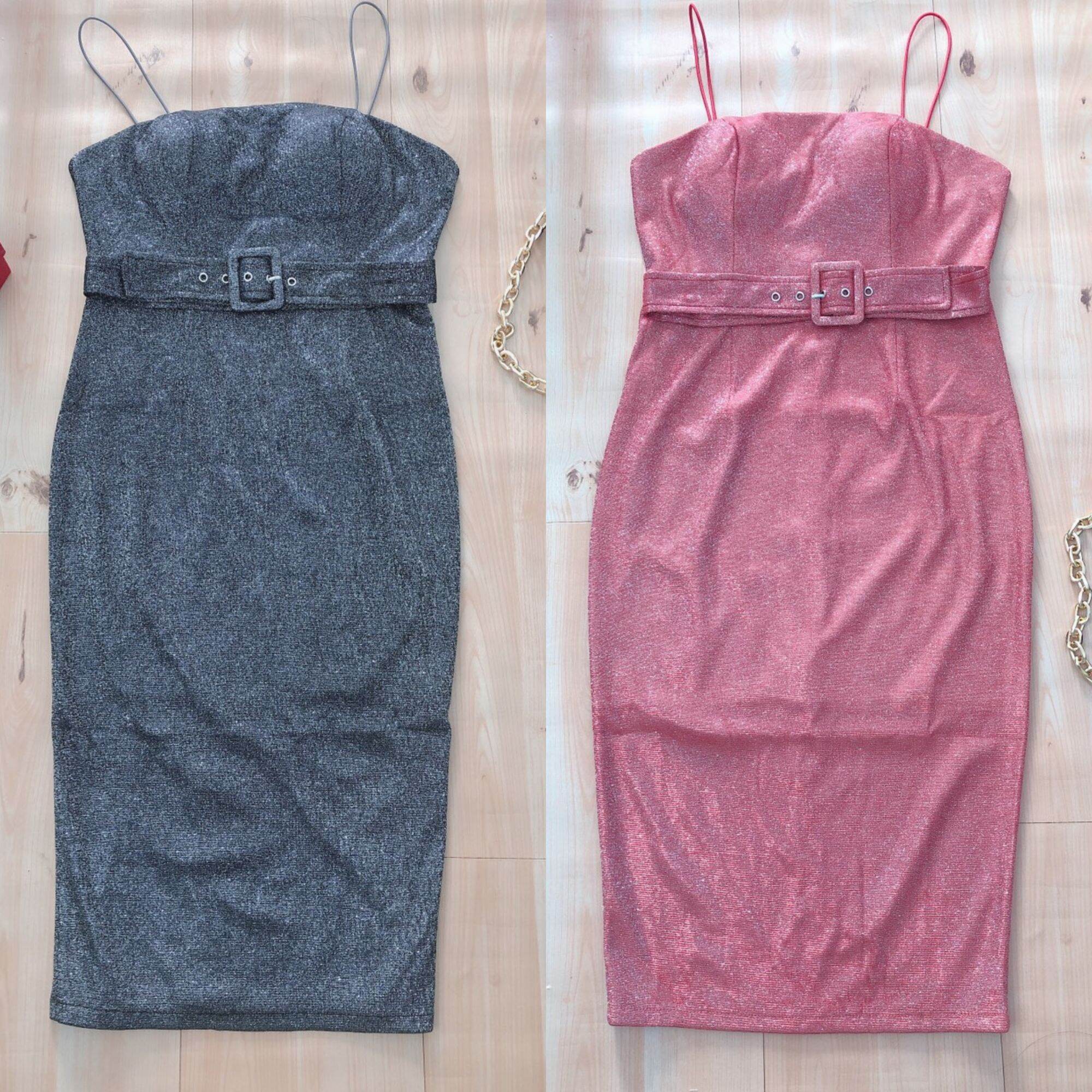 Đầm body nhũ kim tuyến 2 dây kèm belt