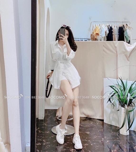 Set sơ mi dáng dài dây eo kèm quần L1 (ảnh thật video)