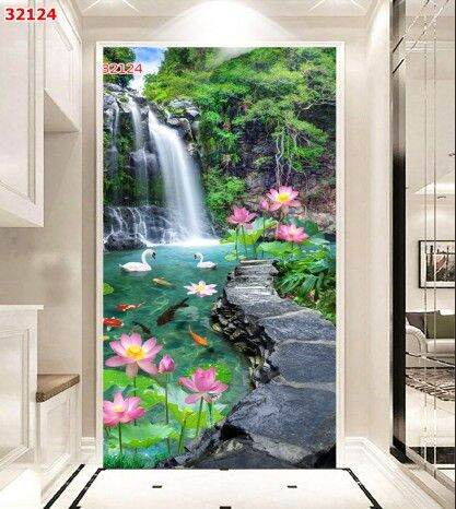 Tranh dán tường 3D, tranh sơn thủy khổ dọc trang trí phòng khách, phòng ngủ