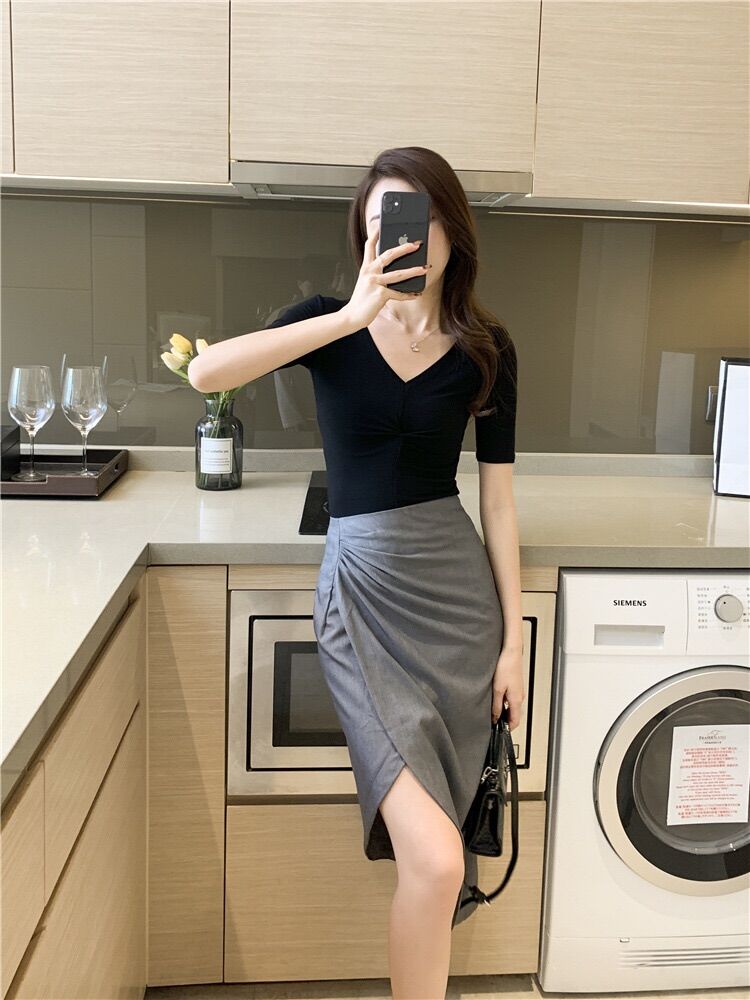 Váy công sở vạt chéo pha màu