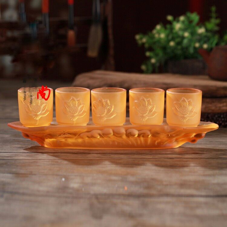 Bộ 5 chung - 3 chung nước đá lưu ly hoa sen cam