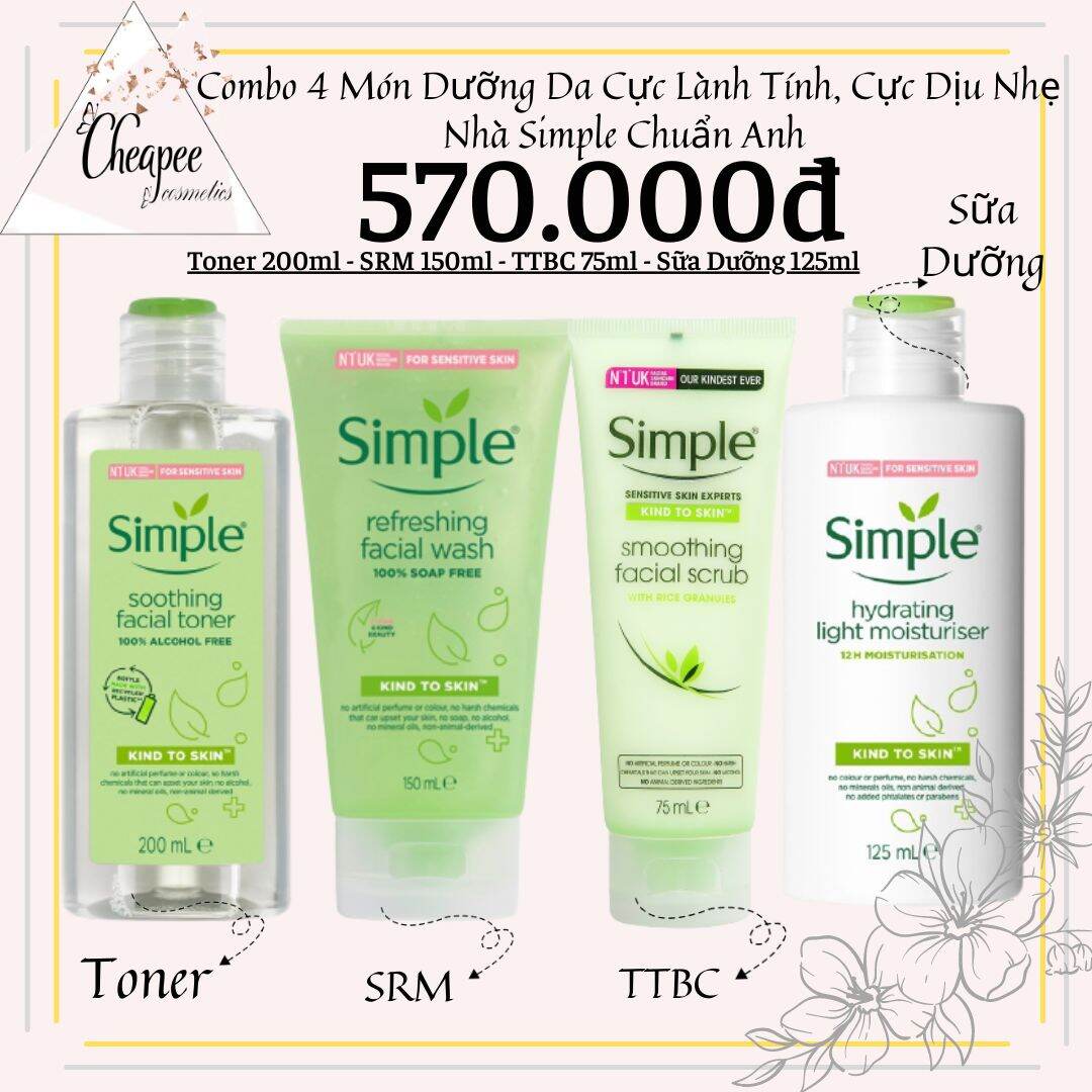 Combo 4 Món Dưỡng Da Nhà Simple Cực Lành Tính Dịu Nhẹ Kể Cả Da Nhạy Cảm Nhất
