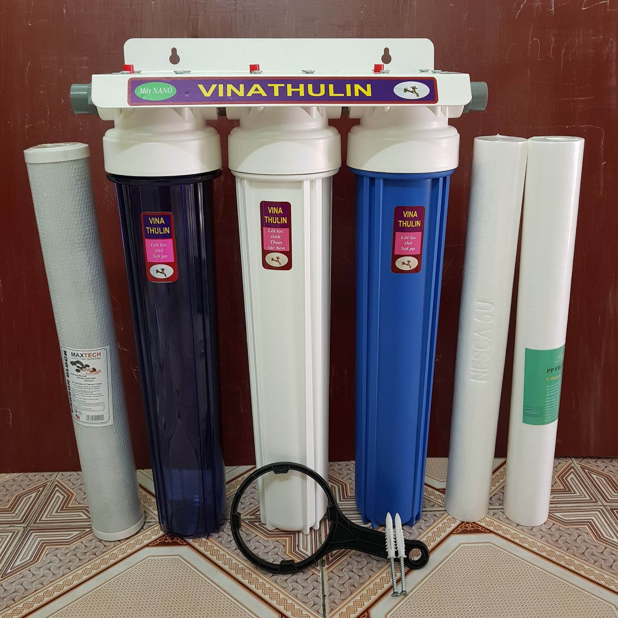 Bộ 3 cốc lọc 20 inch VINATHULIN (2 trắng/xanh + 1 trong) lắp hoàn chỉnh, kèm lõi lọc