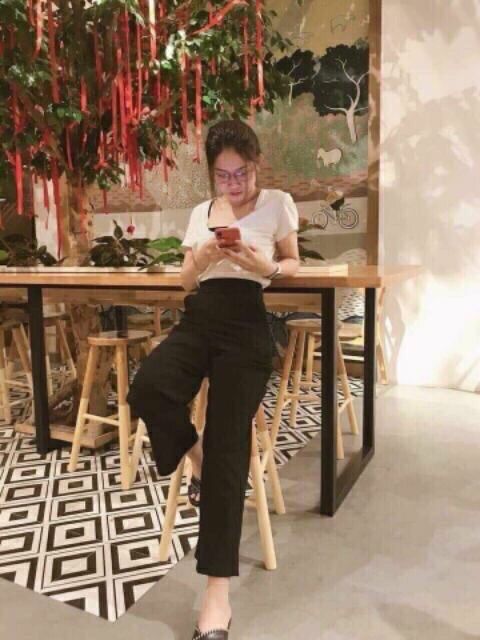 Quần Ống Suông Cạp Cao Khoá Sườn