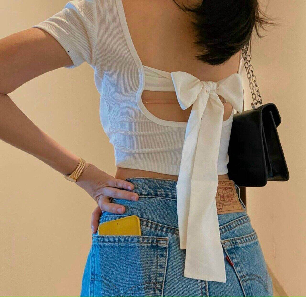 ÁO CROPTOP KIỂU THUN GÂN PHỐI KIỂU CỘT NƠ SAU LƯNG SIÊU HOT