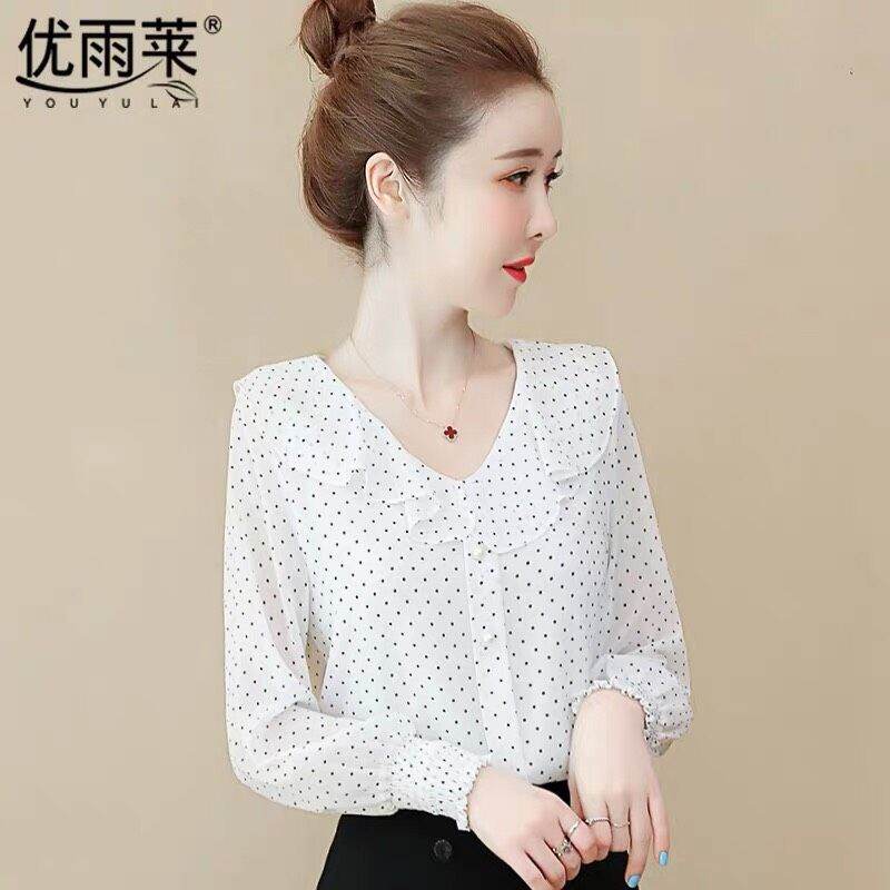 [HCM]Áo sơ mi công sở nữ chấm bi phối cổ bèo xinh xắn