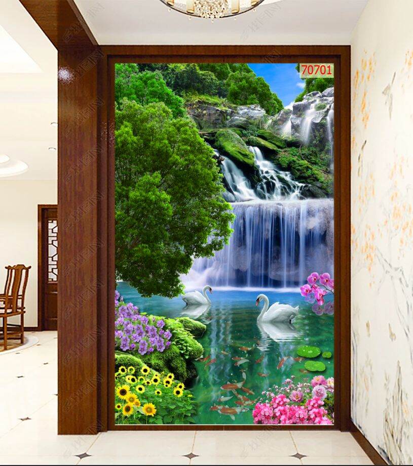 Tranh dán tường 3D, tranh sơn thủy khổ dọc trang trí phòng khách, phòng ngủ