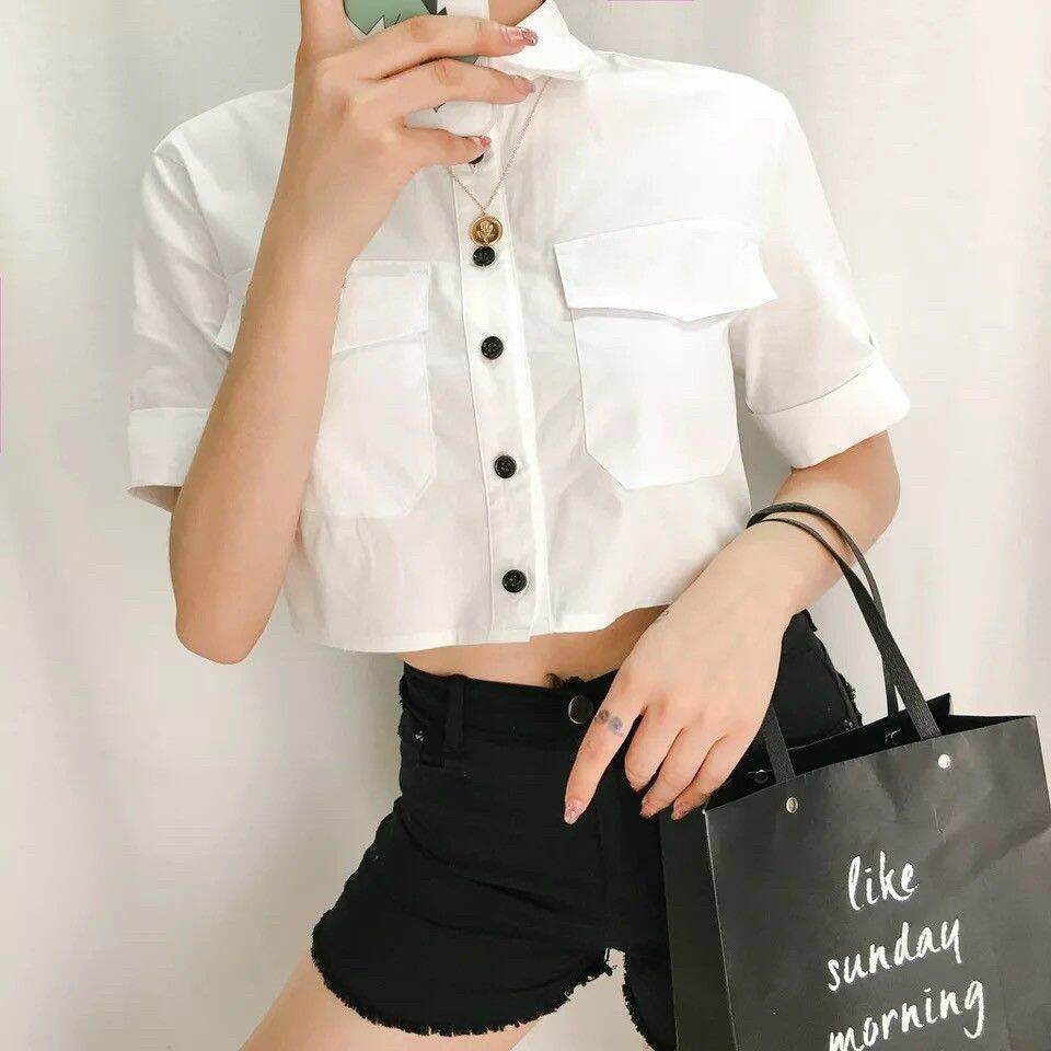 Áo sơ mi croptop cực đẹp, form dưới 46kg