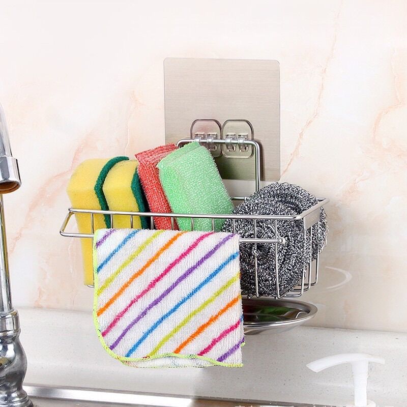 Kệ inox đựng đồ rửa chén kèm khay hứng nước dán tường tiện lợi