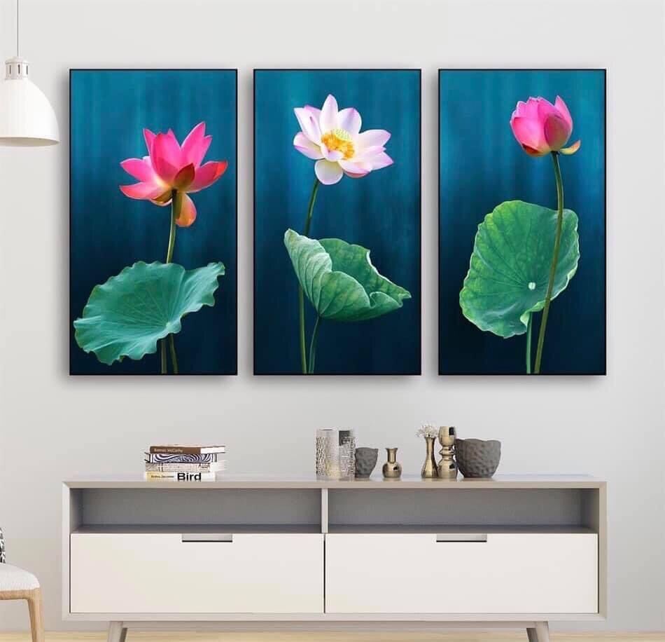 Bộ tranh treo tường hoa sen 3d tráng gương cao cấp. trang trí nhà cửa phòng khách phòng thờ phòng làm việc