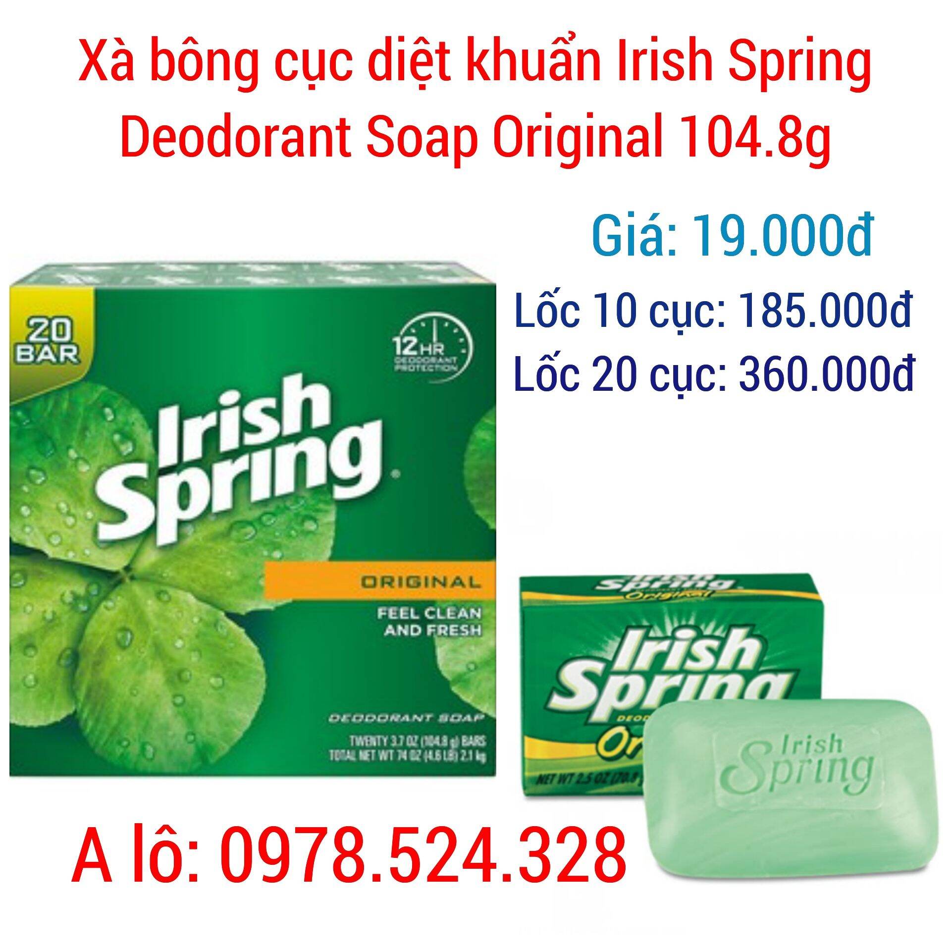 Xà bông cục diệt khuẩn Irish Spring Deodorant Soap Original - 104.8g