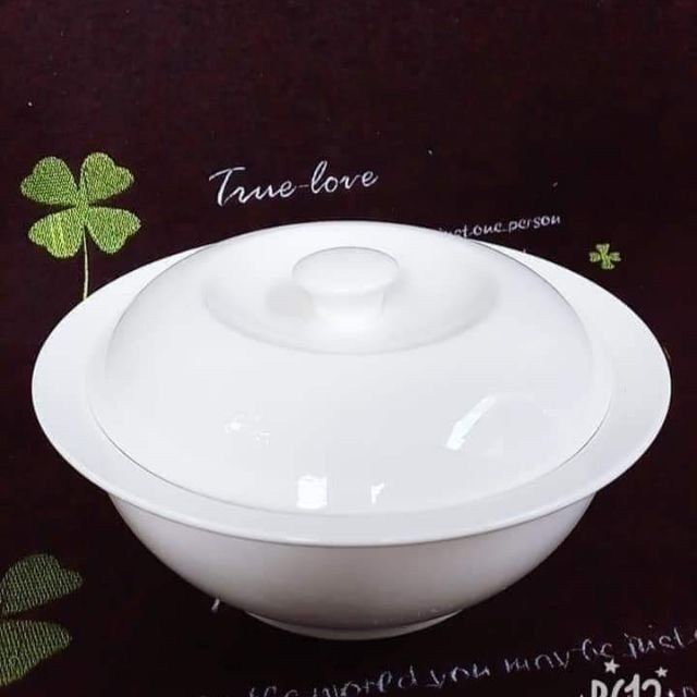 Thố sứ màu trắng có nắp đậy 24cm