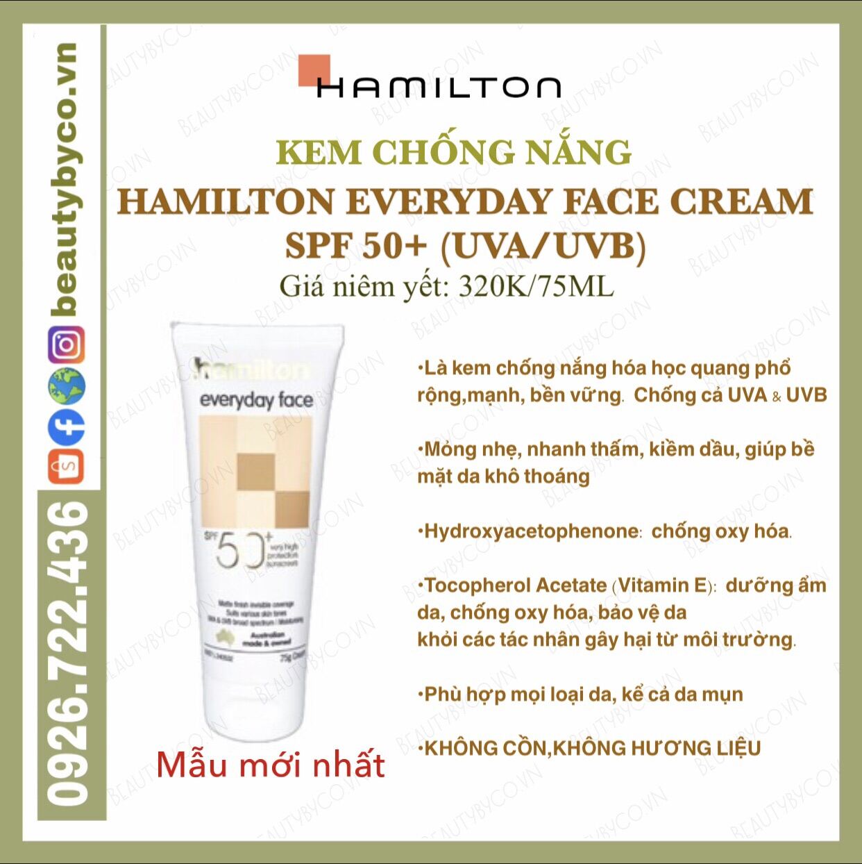 [Mẫu Mới] Kem Chống Nắng Hamilton Spf 50+ Nội Địa Úc Xách Tay Air