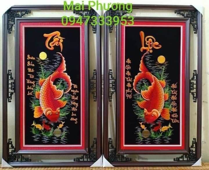 (Tranh thêu sẵn) Bộ tranh CẶP CÁ TÀI LỘC 1 bộ gồm 2 bức tất cả "ĐÃ THÊU SẴN" về chỉ việc đóng khung.