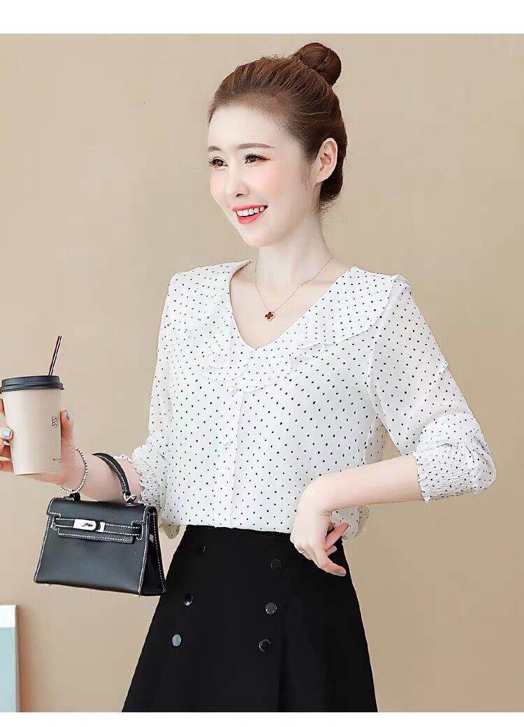 [HCM]Áo sơ mi công sở nữ chấm bi phối cổ bèo xinh xắn