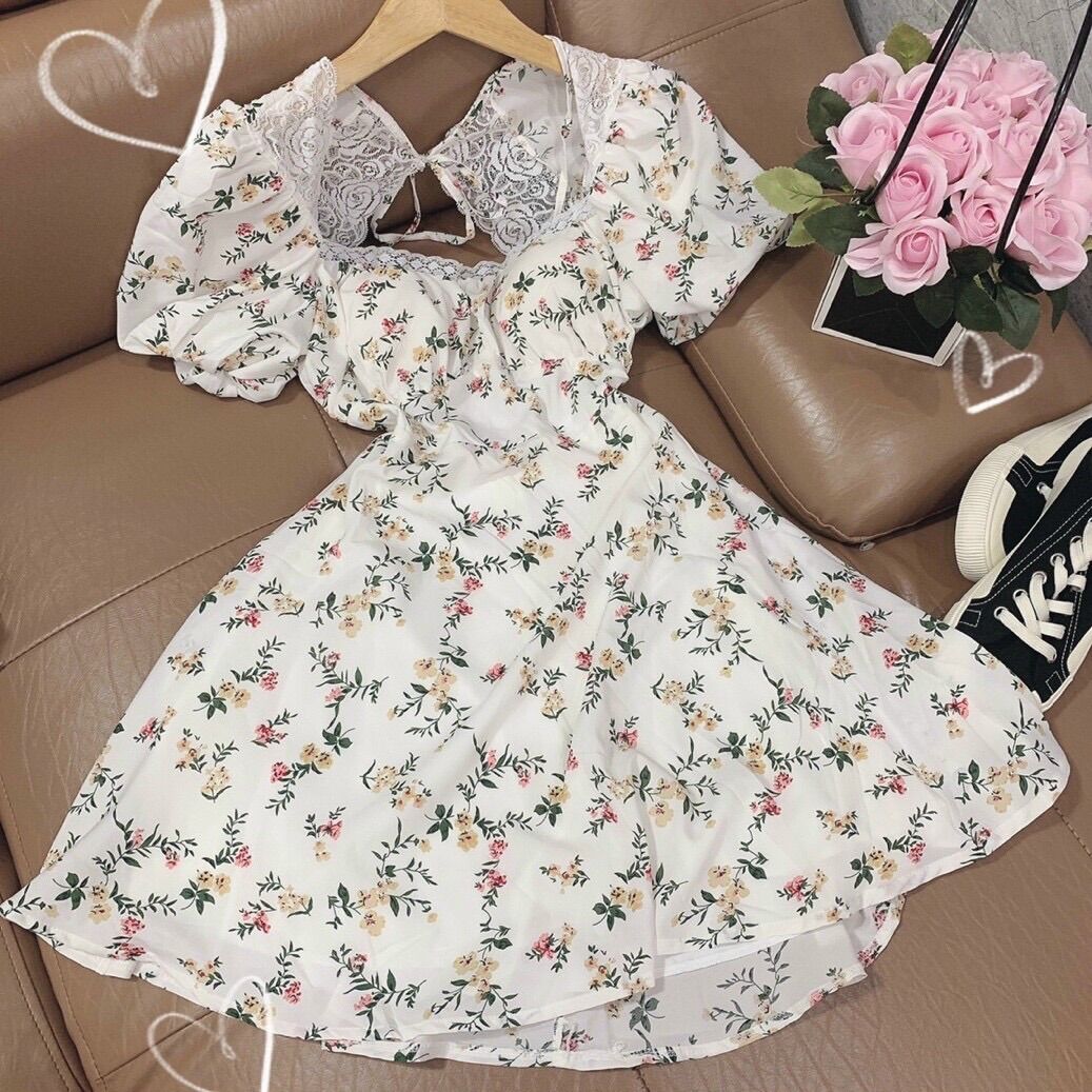 Đầm hoa voan viền ren hở lưng
