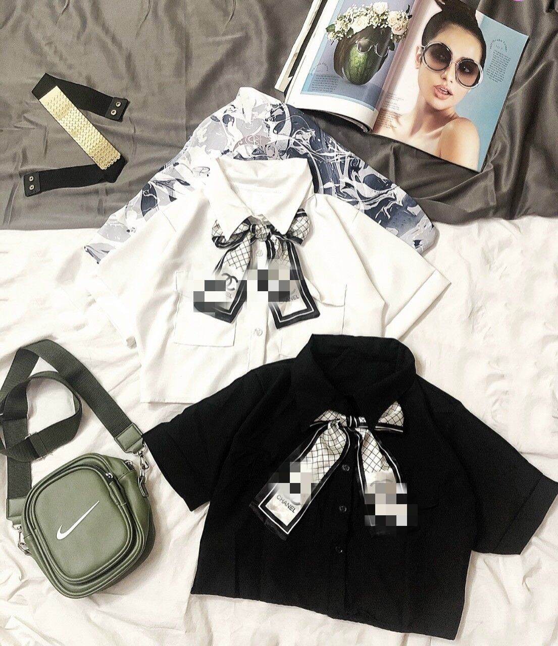 Áo sơ mi croptop# áo ngang tay ngắn kèm thắt nơ in chữ siêu xinh,áo sơ mi nữ kiểu phối nơ cách điệu form dưới 50kg
