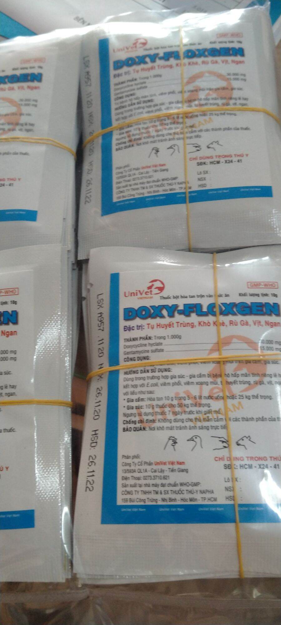 2 gói khò, hen, suyễn nặng, tụ huyết trùng, gà cú rũ. doxyflogen 10gr