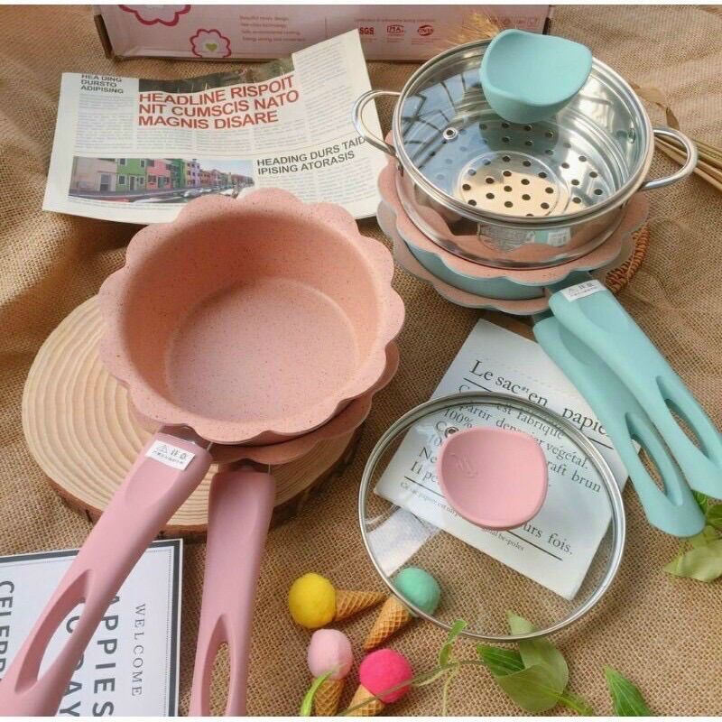 Tặng Xửng Hấp_Bộ Nồi Chảo Đá Chống Dính Nấu Ăn Dặm Cho Bé