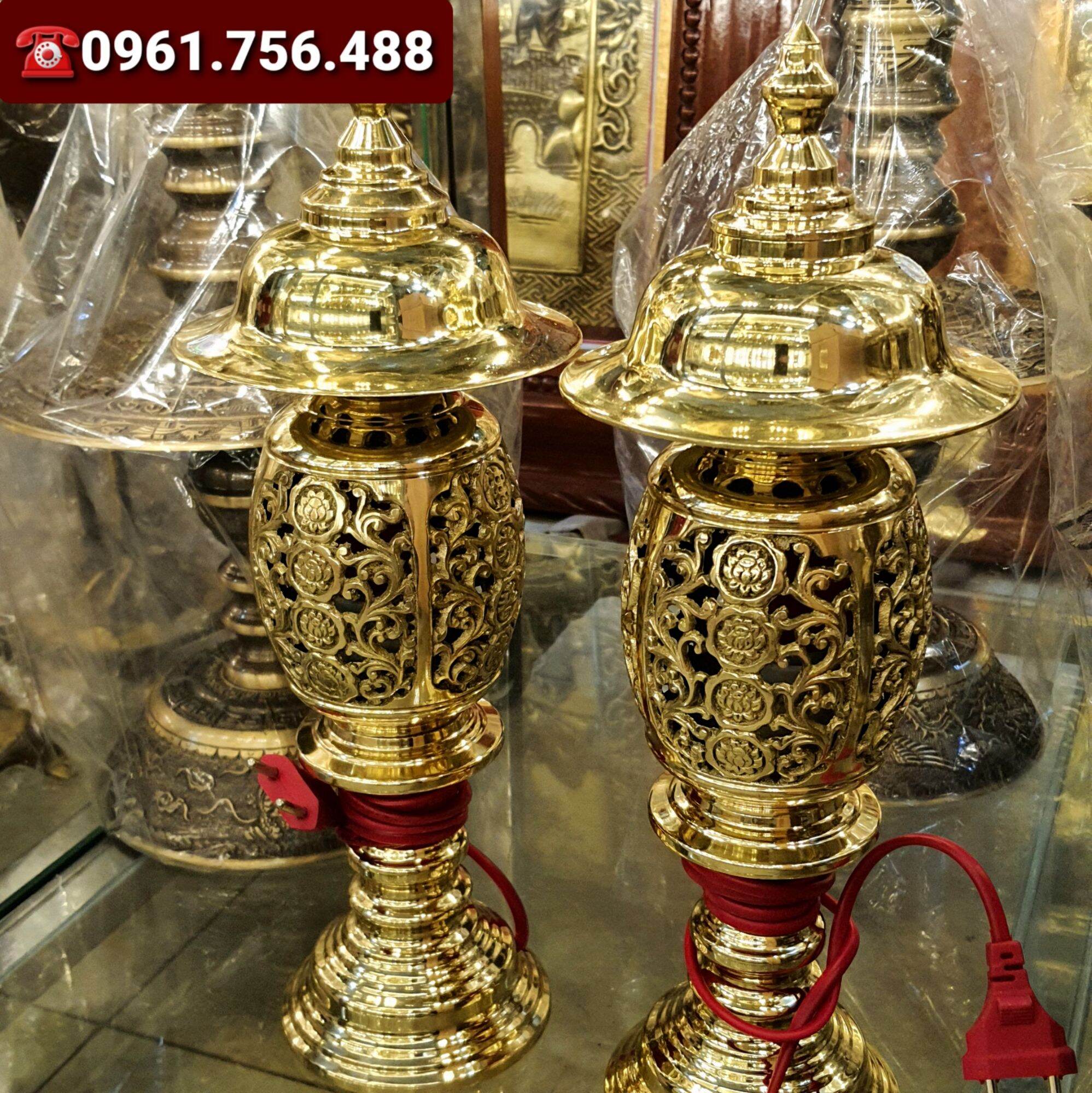Đôi đèn đồng vàng hoa sen cao cấp 42cm