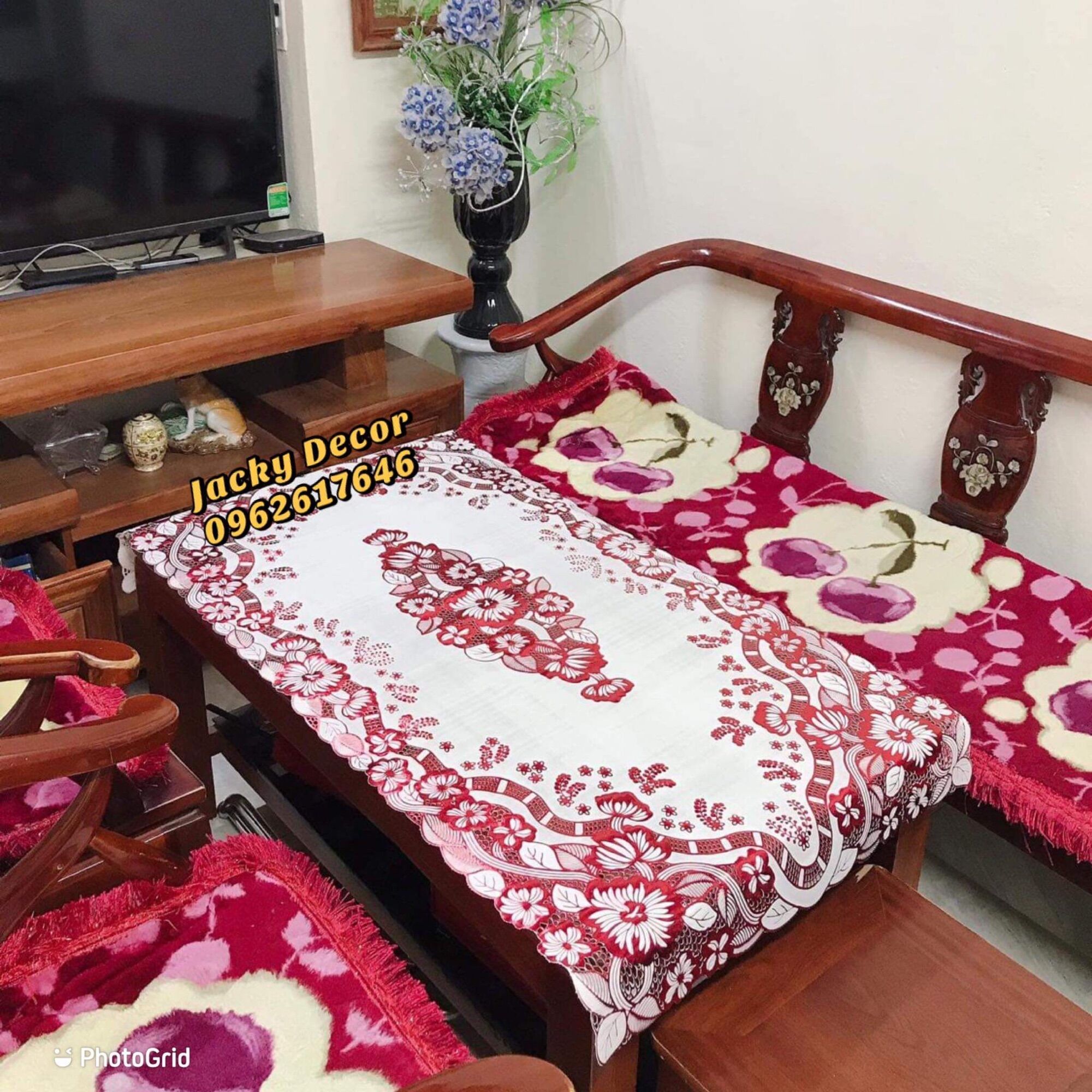 💗freeship💗khăn trải bàn 60x120cm ren hoa đỏ-