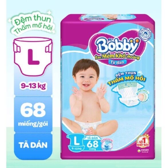 Tã dán bobby siêu thấm L68+6 mẫu mới lõi nén