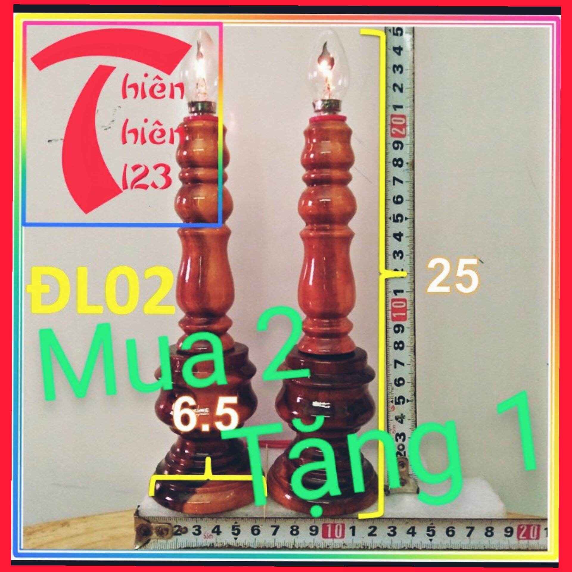 Đèn cây nến điện để bàn thờ gỗ tràm cao 25 cm có bóng đèn