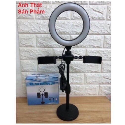 Giá đỡ hai điện thoại livetream có đèn led kẹp điện thoại để bàn quay video