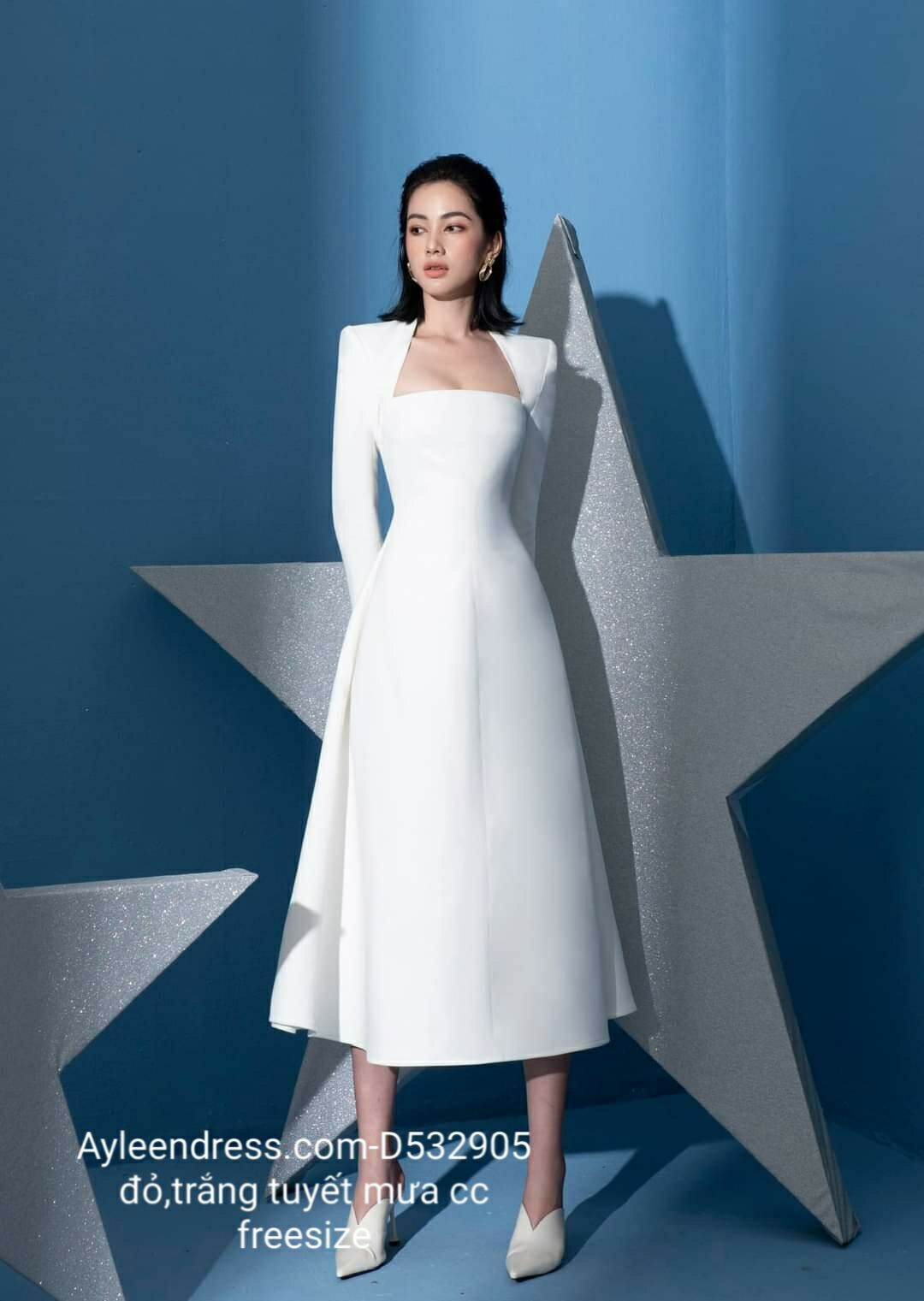 Đầm xòe kiểu tay dài cổ cúp ngực