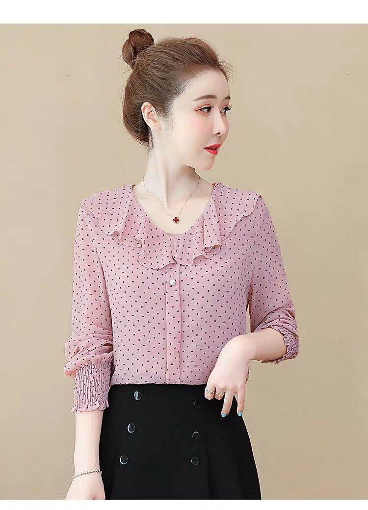Áo sơ mi công sở nữ chấm bi phối cổ bèo xinh xắn