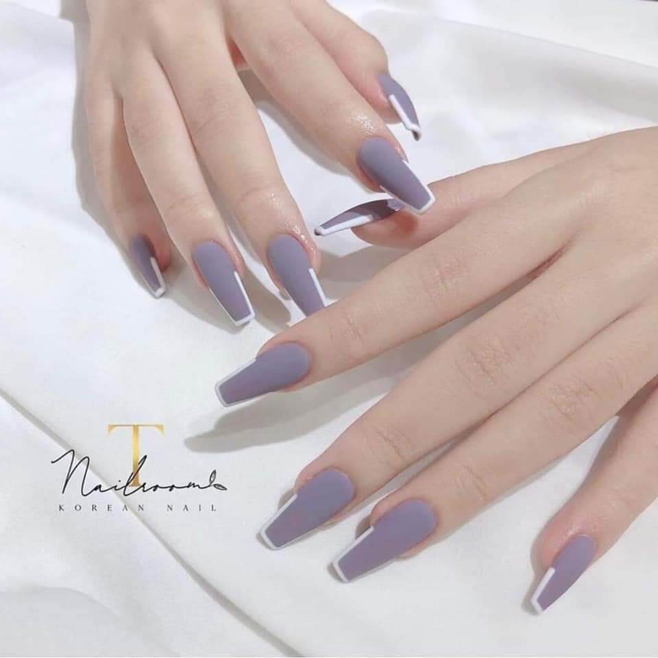Nail box Bộ Móng úp tone tím nhạt kết hợp vẽ đầu móng trắng tặng kèm keo dán và dũa móng