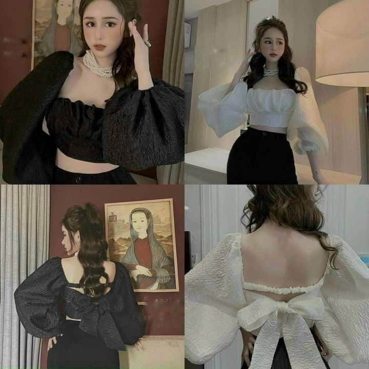 [HCM]ÁO KIỂU CROPTOP TAY PHỒNG HỞ LƯNG