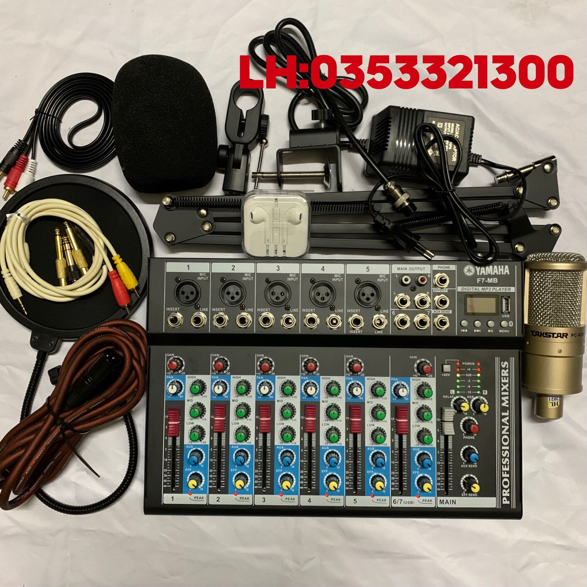 Bộ karaoke thu âm livestream mic takstar pc k200+bàn trộn mixer f7 mb+chân kẹp màng lọc tai nghe bảo hành 1 năm