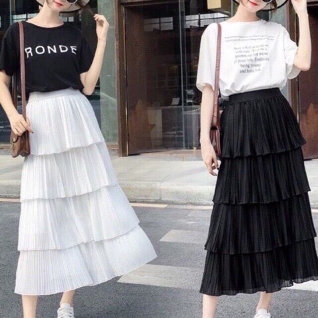 Chân Váy Maxi Nhiều Tầng Nhún Kèm Ảnh Thật
