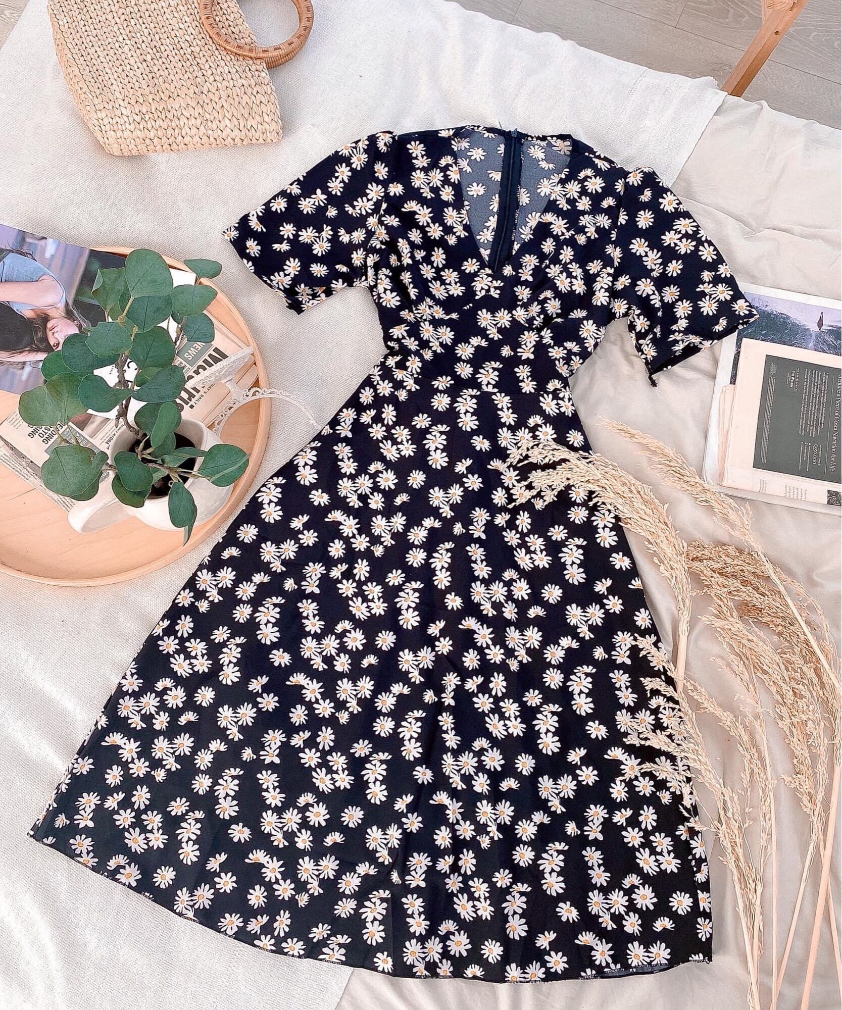 Đầm Xoè Hoa Cúc Dáng Maxi Tay Xoè Cánh Tiên