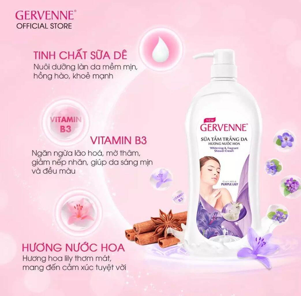 Sữa tắm trắng da Gervenne 900g hương nước hoa Purple Lily