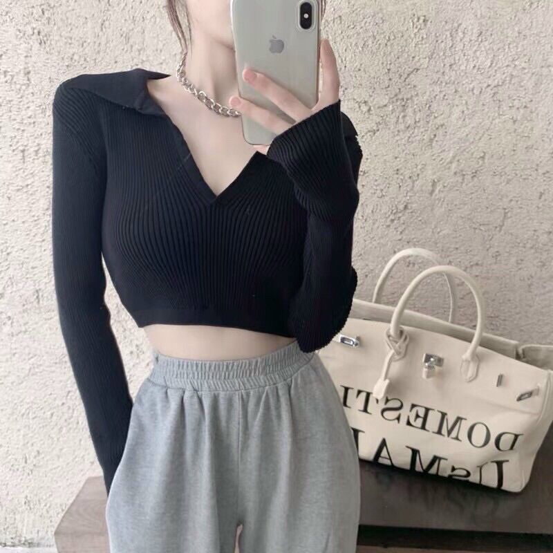 Áo Croptop Dài Tay Cổ V Hở Lưng